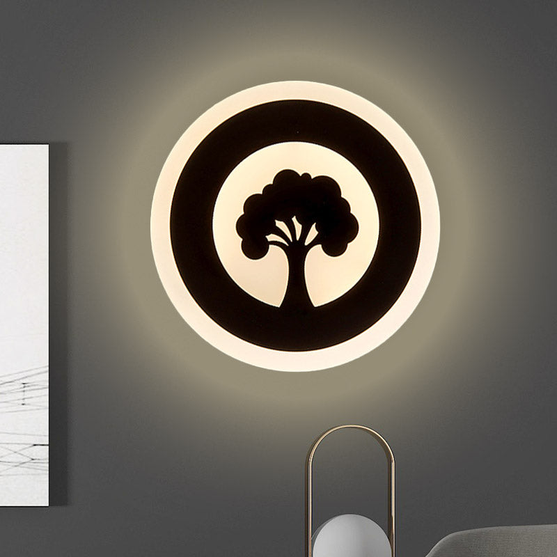 Rynx | Acrylic Round Wall Lighting Modernism LED Flush Wall Lamp in Black with Tree Pattern, White/Warm Light