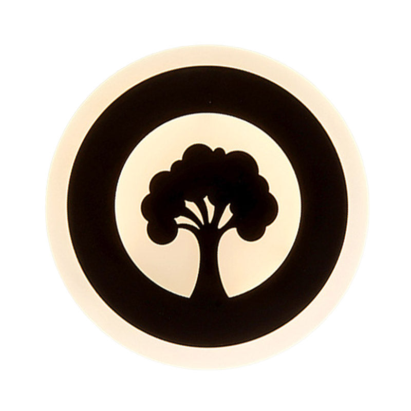 Rynx | Acrylic Round Wall Lighting Modernism LED Flush Wall Lamp in Black with Tree Pattern, White/Warm Light
