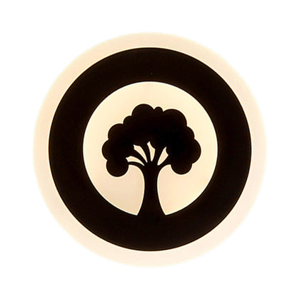 Rynx | Acrylic Round Wall Lighting Modernism LED Flush Wall Lamp in Black with Tree Pattern, White/Warm Light