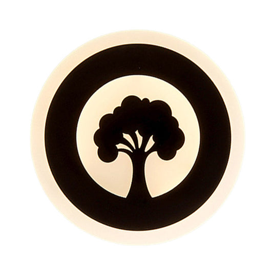 Rynx | Acrylic Round Wall Lighting Modernism LED Flush Wall Lamp in Black with Tree Pattern, White/Warm Light