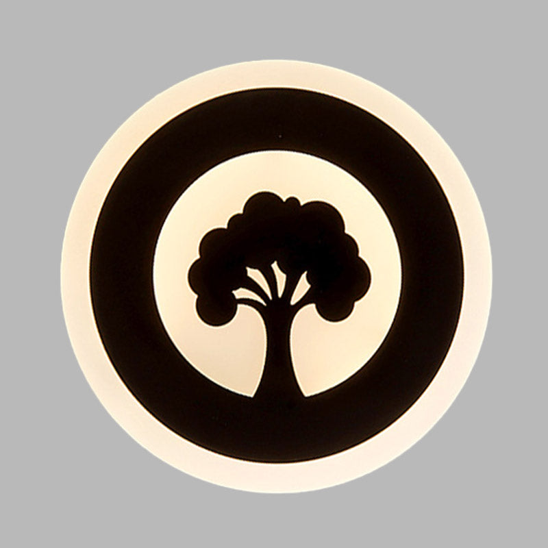 Rynx | Acrylic Round Wall Lighting Modernism LED Flush Wall Lamp in Black with Tree Pattern, White/Warm Light
