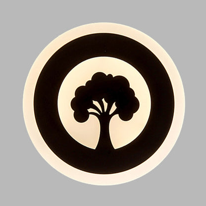 Rynx | Acrylic Round Wall Lighting Modernism LED Flush Wall Lamp in Black with Tree Pattern, White/Warm Light