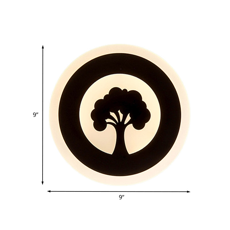Rynx | Acrylic Round Wall Lighting Modernism LED Flush Wall Lamp in Black with Tree Pattern, White/Warm Light