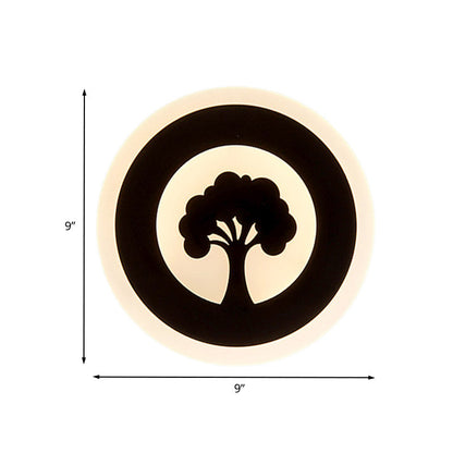 Rynx | Acrylic Round Wall Lighting Modernism LED Flush Wall Lamp in Black with Tree Pattern, White/Warm Light