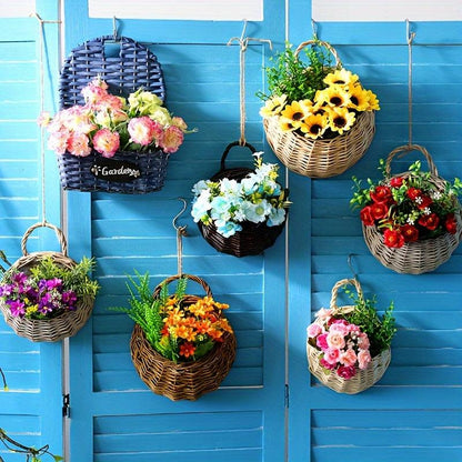 Rynx | Rustic blue rattan flower wall basket for real or artificial flowers