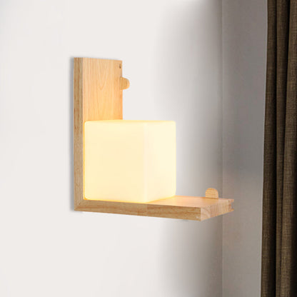 Rynx | Wood Rectangular Panel Flush Wall Lamp Minimalistic LED Beige Wall Lighting with Cube Opal Glass Shade