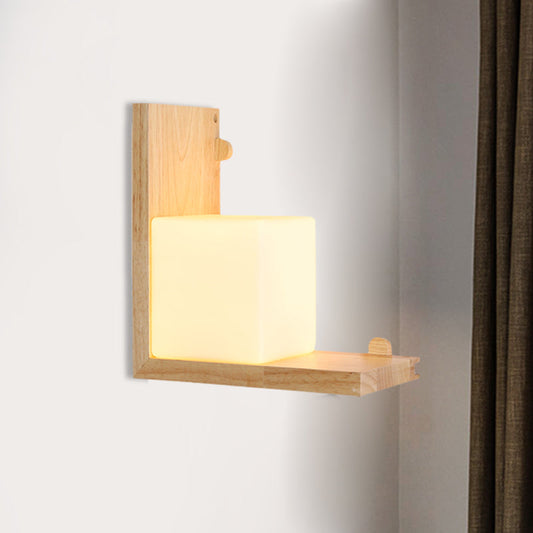 Rynx | Wood Rectangular Panel Flush Wall Lamp Minimalistic LED Beige Wall Lighting with Cube Opal Glass Shade