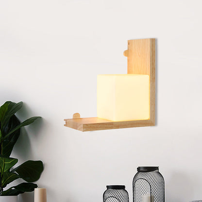 Rynx | Wood Rectangular Panel Flush Wall Lamp Minimalistic LED Beige Wall Lighting with Cube Opal Glass Shade