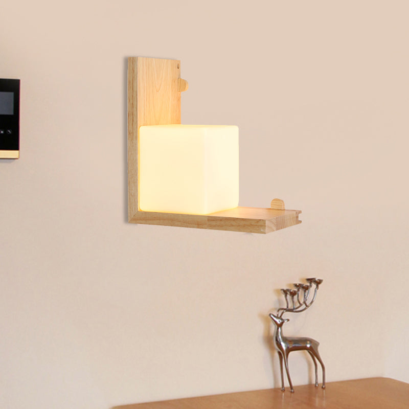 Rynx | Wood Rectangular Panel Flush Wall Lamp Minimalistic LED Beige Wall Lighting with Cube Opal Glass Shade