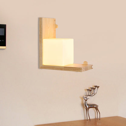 Rynx | Wood Rectangular Panel Flush Wall Lamp Minimalistic LED Beige Wall Lighting with Cube Opal Glass Shade