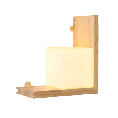 Rynx | Wood Rectangular Panel Flush Wall Lamp Minimalistic LED Beige Wall Lighting with Cube Opal Glass Shade