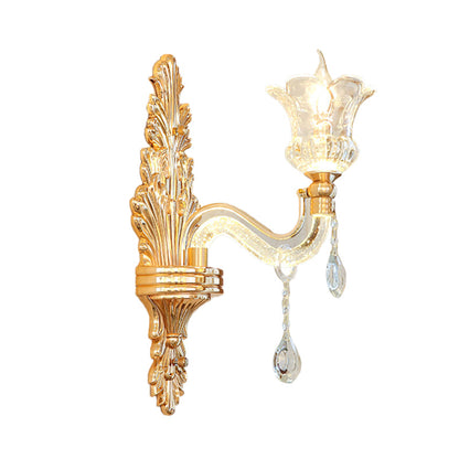 Rynx | Clear Glass Gold Wall Light Flower 1/2-Bulb Traditional Wall-Mounted Lamp with Bubble Crystal Illuminating Arm