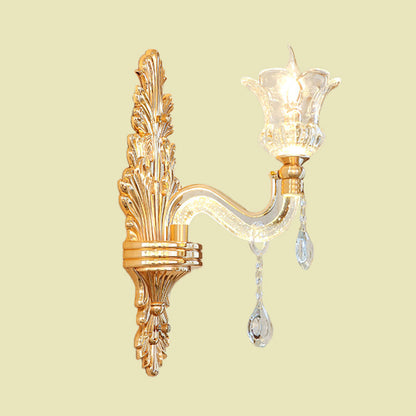 Rynx | Clear Glass Gold Wall Light Flower 1/2-Bulb Traditional Wall-Mounted Lamp with Bubble Crystal Illuminating Arm