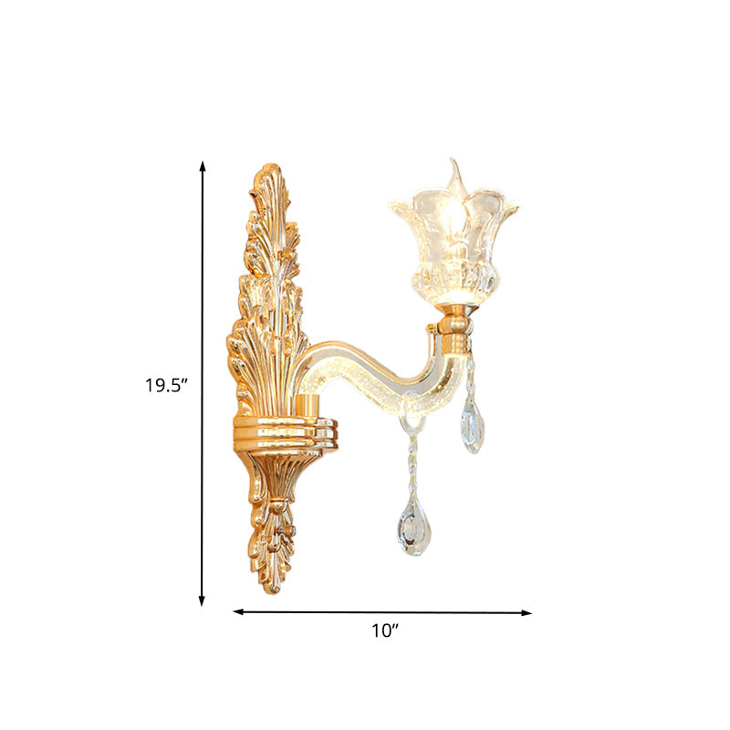 Rynx | Clear Glass Gold Wall Light Flower 1/2-Bulb Traditional Wall-Mounted Lamp with Bubble Crystal Illuminating Arm