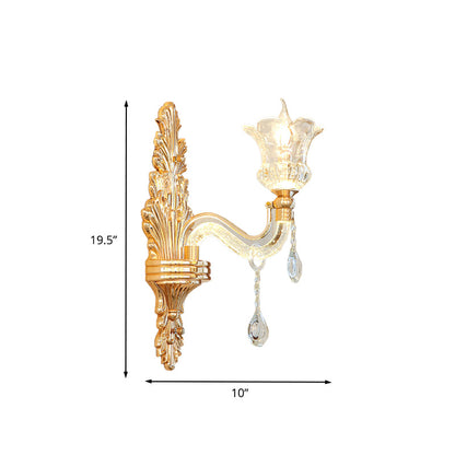 Rynx | Clear Glass Gold Wall Light Flower 1/2-Bulb Traditional Wall-Mounted Lamp with Bubble Crystal Illuminating Arm