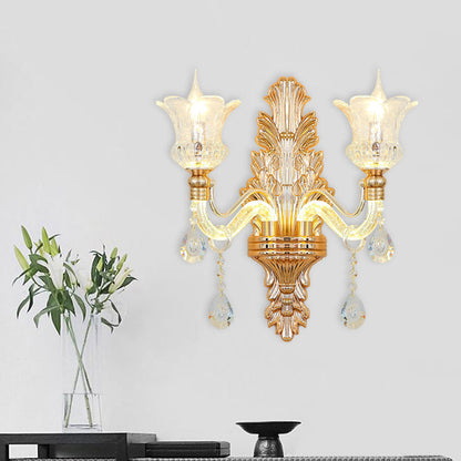 Rynx | Clear Glass Gold Wall Light Flower 1/2-Bulb Traditional Wall-Mounted Lamp with Bubble Crystal Illuminating Arm