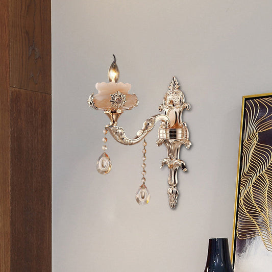 Rynx | 1/2-Head K9 Crystal Wall Light Traditional Gold Candle Corridor Wall Lighting with Jade Dish