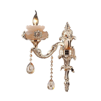 Rynx | 1/2-Head K9 Crystal Wall Light Traditional Gold Candle Corridor Wall Lighting with Jade Dish