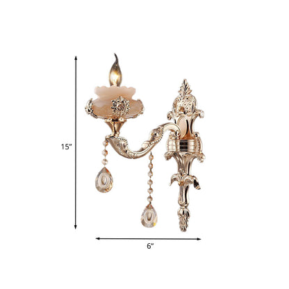 Rynx | 1/2-Head K9 Crystal Wall Light Traditional Gold Candle Corridor Wall Lighting with Jade Dish