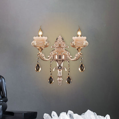 Rynx | 1/2-Head K9 Crystal Wall Light Traditional Gold Candle Corridor Wall Lighting with Jade Dish