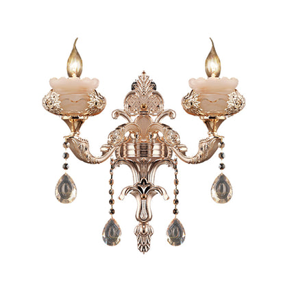 Rynx | 1/2-Head K9 Crystal Wall Light Traditional Gold Candle Corridor Wall Lighting with Jade Dish