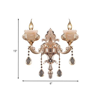 Rynx | 1/2-Head K9 Crystal Wall Light Traditional Gold Candle Corridor Wall Lighting with Jade Dish