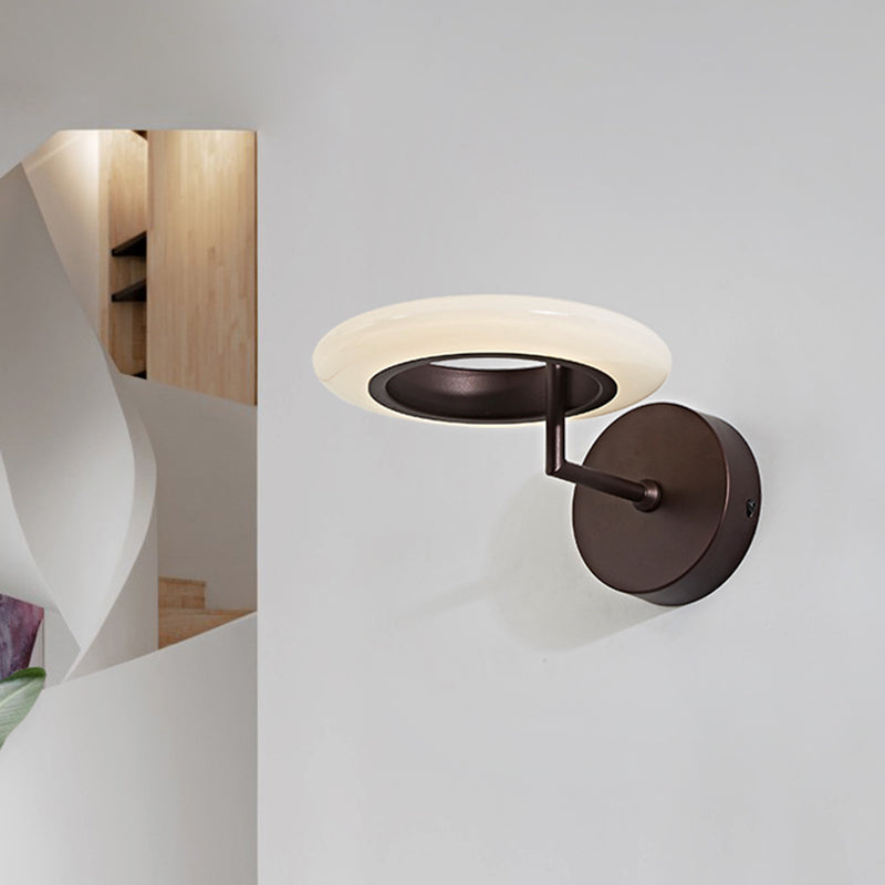 Rynx | Coffee/White Round Lighting Wall Lamp Modernist Acrylic LED Wall Light with Curved Arm in Warm/Natural Light