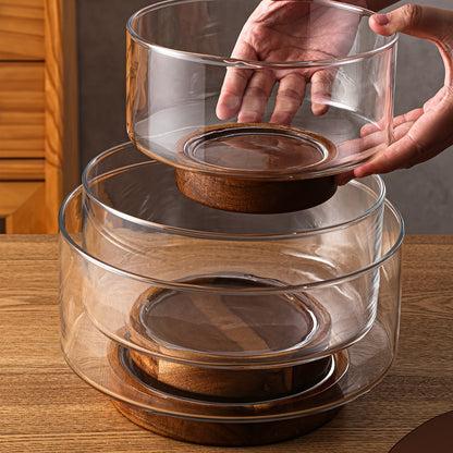 Rynx | GlassServe-Fruit Bowl - Glass fruit bowl with wood base for kitchen table