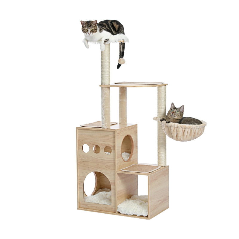 Rynx | Wooden Cat Tree with Sisal Scratching Posts, Cozy Condo & Hammock