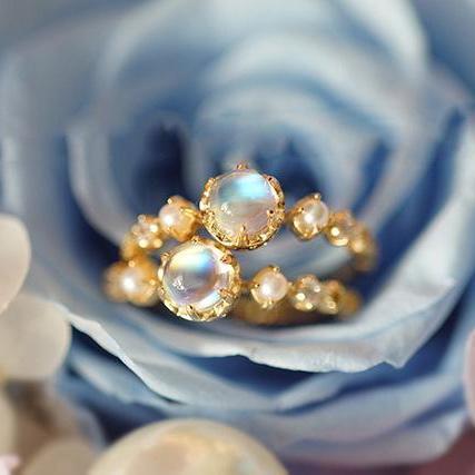 Rynx | New Japanese antique style Sri Lanka glass bead moonstone S925 sterling silver ring tail ring diamond