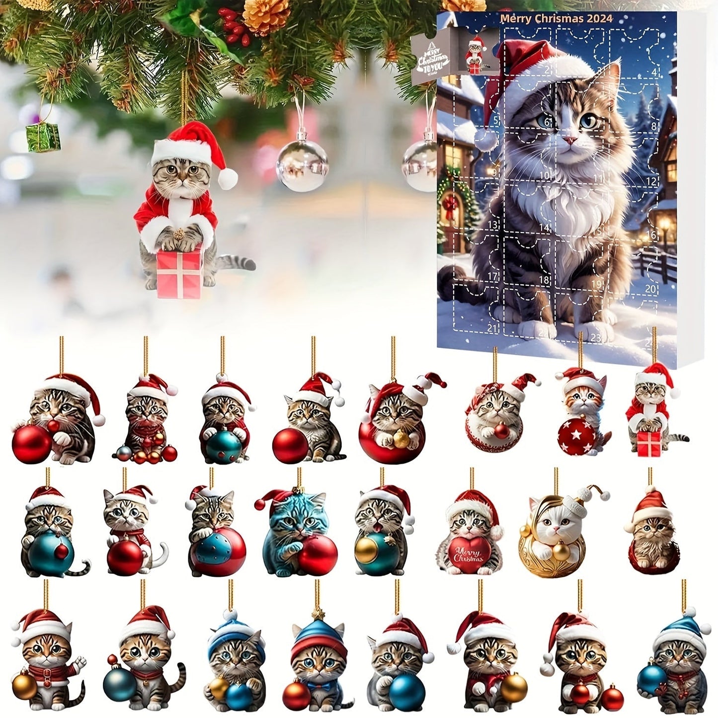 Rynx | Vintage Advent Calendar with Acrylic Cat Ornaments 2024, 24-Day Christmas Countdown for Cat Lovers