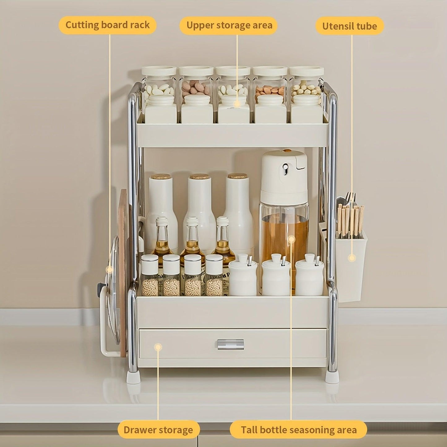 Rynx | Elegant milk-white stainless steel spice organizer with drawers, cutting board, and utensil holder for residential and commercial kitchens