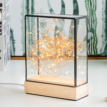 Rynx | Kids Squared Clear Glass Night Lamp USB Rechargeable LED Table Lighting in Wood with Interior Pink Bear and Cord