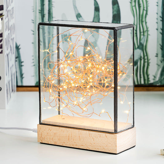 Rynx | Kids Squared Clear Glass Night Lamp USB Rechargeable LED Table Lighting in Wood with Interior Pink Bear and Cord