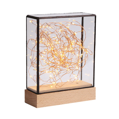 Rynx | Kids Squared Clear Glass Night Lamp USB Rechargeable LED Table Lighting in Wood with Interior Pink Bear and Cord