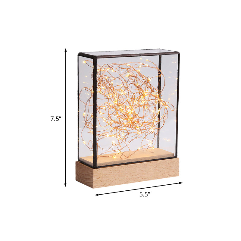 Rynx | Kids Squared Clear Glass Night Lamp USB Rechargeable LED Table Lighting in Wood with Interior Pink Bear and Cord