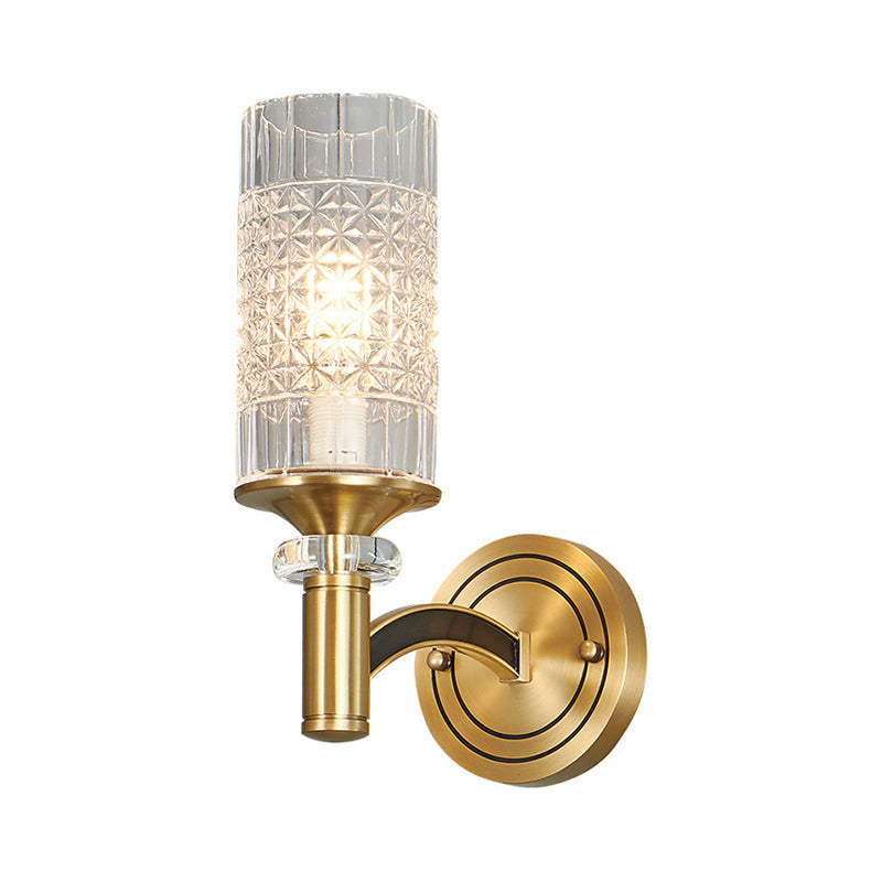 Rynx | 1/2-Head Grid Crystal Wall Light Retro Brass Cylindrical Living Room Wall Lamp Lighting