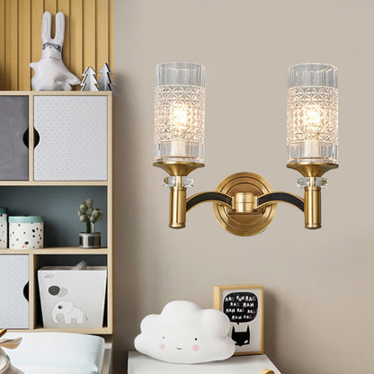Rynx | 1/2-Head Grid Crystal Wall Light Retro Brass Cylindrical Living Room Wall Lamp Lighting