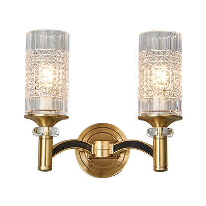 Rynx | 1/2-Head Grid Crystal Wall Light Retro Brass Cylindrical Living Room Wall Lamp Lighting