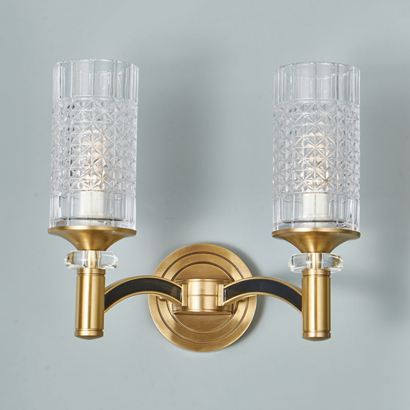 Rynx | 1/2-Head Grid Crystal Wall Light Retro Brass Cylindrical Living Room Wall Lamp Lighting