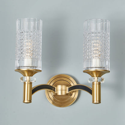 Rynx | 1/2-Head Grid Crystal Wall Light Retro Brass Cylindrical Living Room Wall Lamp Lighting