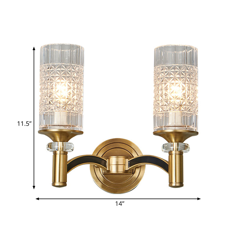 Rynx | 1/2-Head Grid Crystal Wall Light Retro Brass Cylindrical Living Room Wall Lamp Lighting