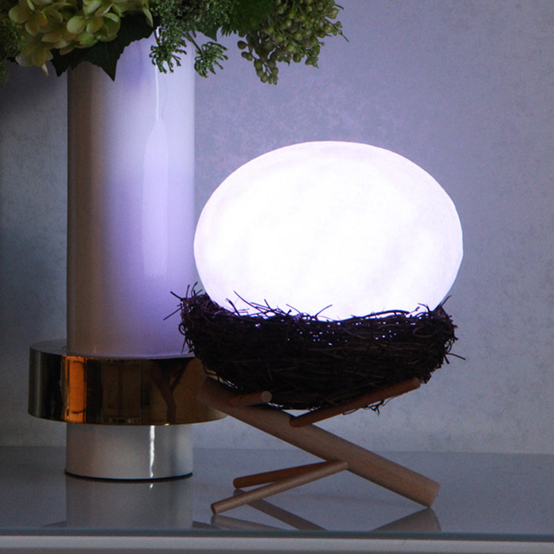 Rynx | Rechargeable White Egg Nightstand Lamp Kids Creative Plastic LED Table Lamp with Wooden Holder and Nest Lamp Holder