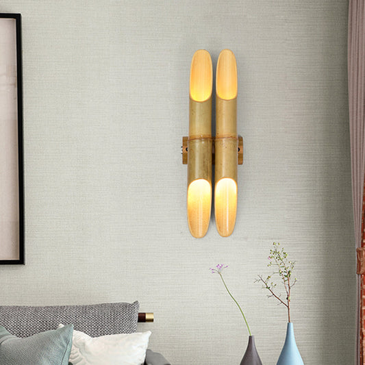 Rynx | 4 Lights Tea Room Wall Sconce Lighting Asian Beige Up-Down Wall Lamp with Double Bar Bamboo Shade