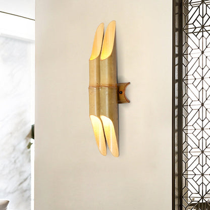 Rynx | 4 Lights Tea Room Wall Sconce Lighting Asian Beige Up-Down Wall Lamp with Double Bar Bamboo Shade