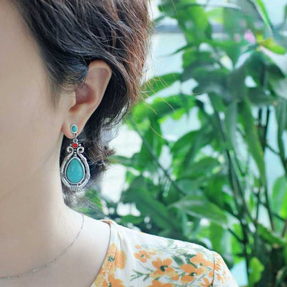 Rynx | Tibetan Silver Art Retro Ethnic Style Turquoise Waterdrop Carved Earrings