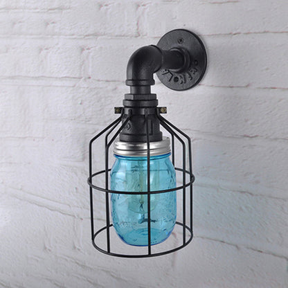 Rynx | Blue/Clear Glass Shade Wall Lamp with Wire Cage Industrial Style Glass 1 Bulb Restaurant Wall Light