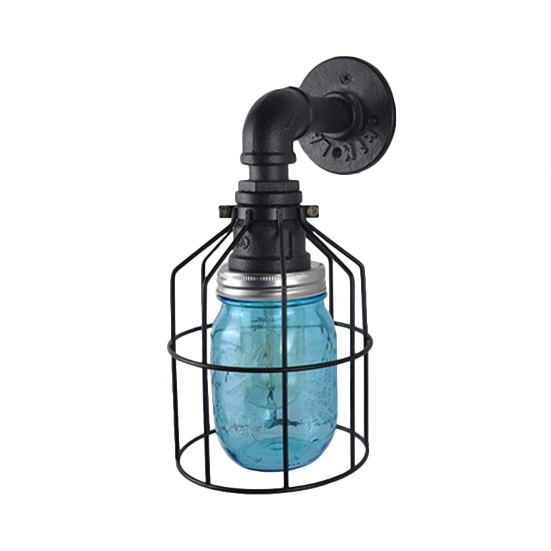 Rynx | Blue/Clear Glass Shade Wall Lamp with Wire Cage Industrial Style Glass 1 Bulb Restaurant Wall Light