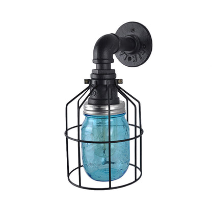 Rynx | Blue/Clear Glass Shade Wall Lamp with Wire Cage Industrial Style Glass 1 Bulb Restaurant Wall Light
