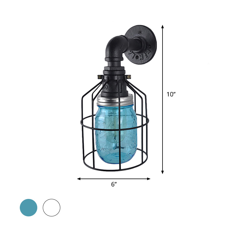 Rynx | Blue/Clear Glass Shade Wall Lamp with Wire Cage Industrial Style Glass 1 Bulb Restaurant Wall Light